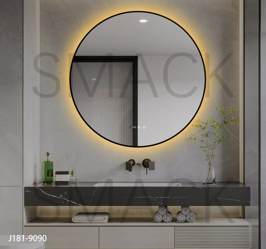 Oglinda LED si Touch, cu Functie Dezaburire si Ceas, 3 Tipuri De Lumina, Rama Negru Mat, 80 cm, J181-80 Smack