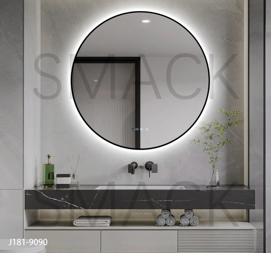 Oglinda LED si Touch, cu Functie Dezaburire si Ceas, 3 Tipuri De Lumina, Rama Negru Mat, 90 cm, J181-90 Smack