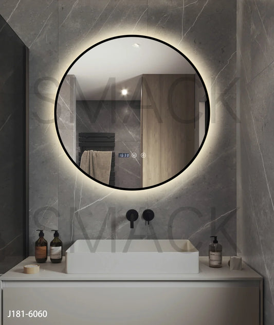 Oglinda LED si Touch, cu Functie Dezaburire si Ceas, 3 Tipuri De Lumina, Rama Negru Mat, 60 cm, J181-60 Smack