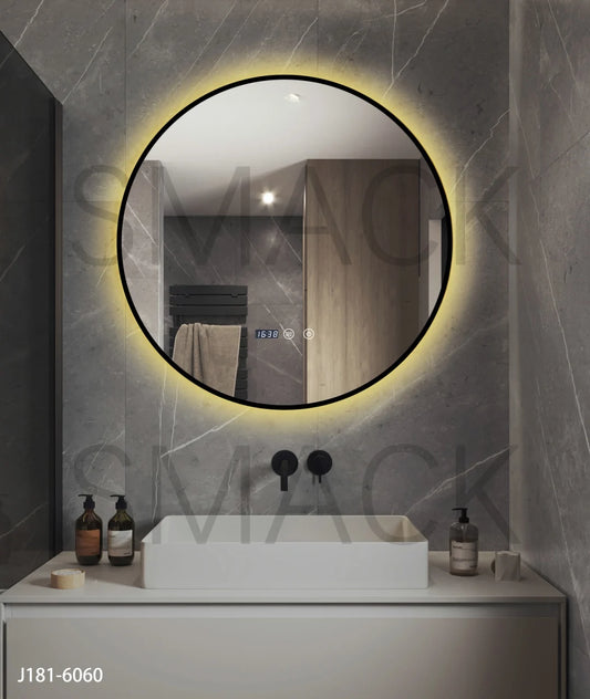 Oglinda LED si Touch, cu Functie Dezaburire si Ceas, 3 Tipuri De Lumina, Rama Negru Mat, 60 cm, J181-60 Smack