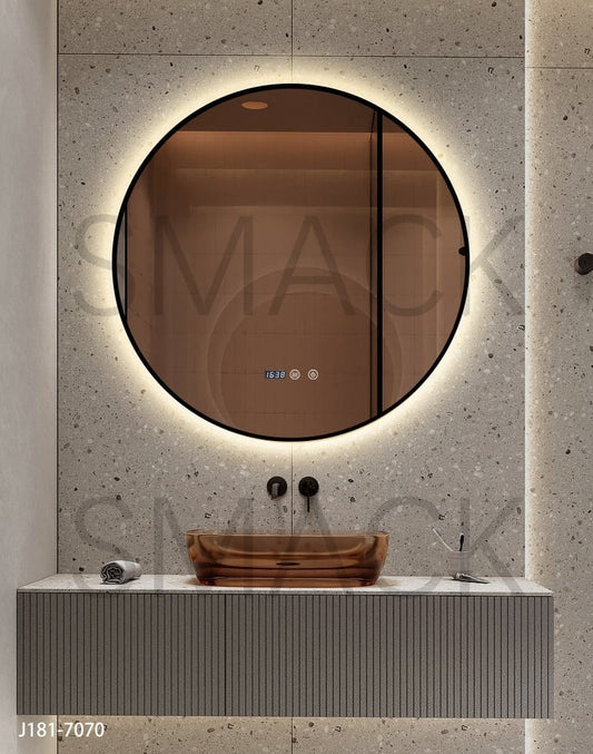 Oglinda LED si Touch, cu Functie Dezaburire si Ceas, 3 Tipuri De Lumina, Rama Negru Mat, 70 cm, J181-70 Smack