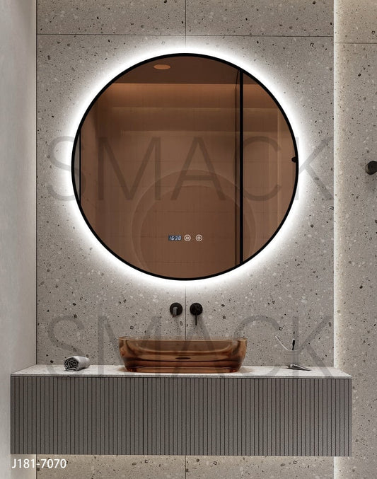 Oglinda LED si Touch, cu Functie Dezaburire si Ceas, 3 Tipuri De Lumina, Rama Negru Mat, 70 cm, J181-70 Smack