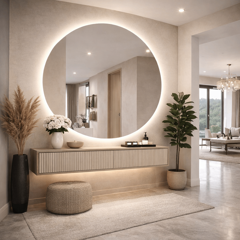 Oglinda LED Rotunda Premium 100×100 cm, Lumina Spate, 3 Tipuri de Lumina – Calda, Rece, Neutra