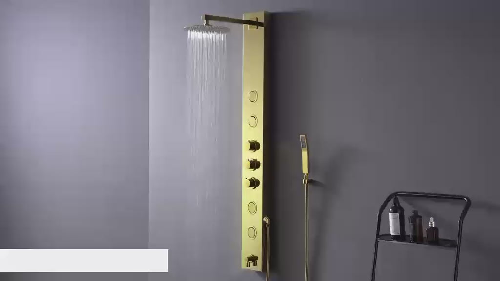Panou de Duș Auriu Premium, Inox SUS304, 140×16 cm, 6 Funcții, Hidromasaj, Palarie Dus Efect Ploaie