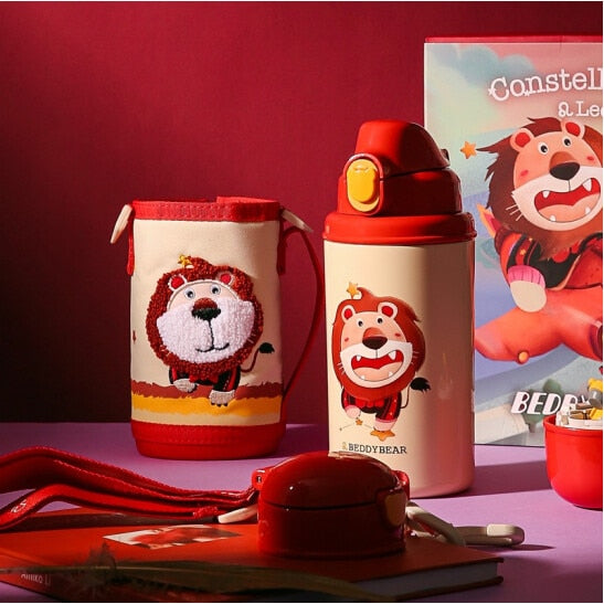 Termos Copii Cu Husa, Pai si Cana, BeddyBear, Leu, 580 ml, Rosu