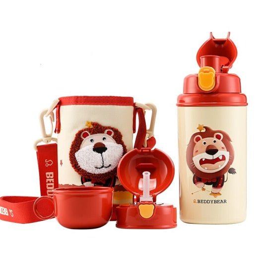 Termos Copii Cu Husa, Pai si Cana, BeddyBear, Leu, 580 ml, Rosu