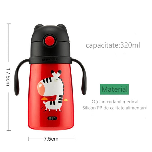 Termos Copii Cu Manere Si Pai, Zebra, 320 ml, Rosu
