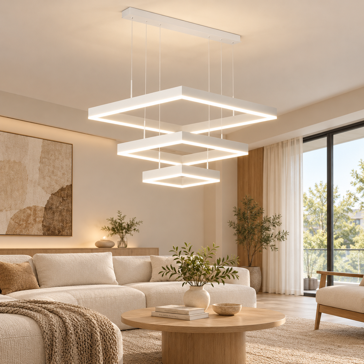 Pendul RFAN 9510-3WH alb cu trei rame patrate suspendate intr-un living contemporan