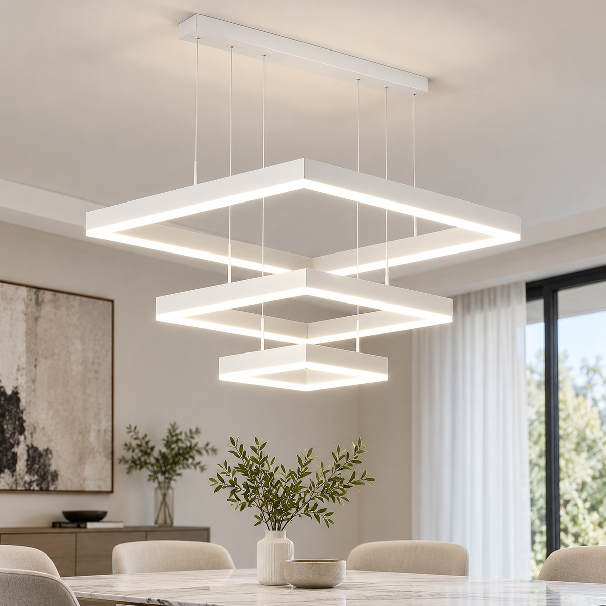 Pendul RFAN, Model 9510-3, cu Telecomanda, 3 Tipuri de Lumina, Inaltime Reglabila, 96W, Alb