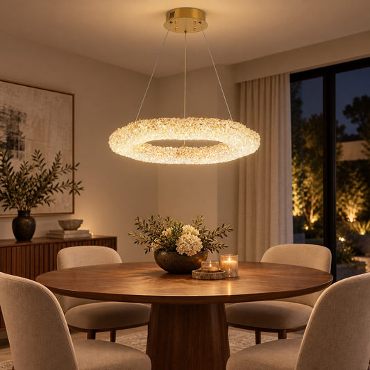 Candelabru LED RFAN, Model JO-SJD-10, Textura Cristal, Diametru 60 cm, 160W, Auriu