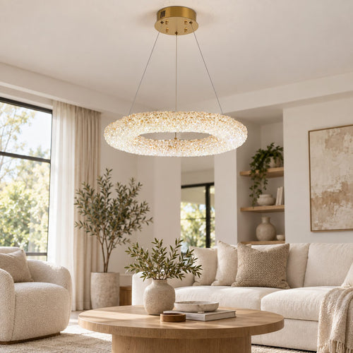 Candelabru LED RFAN, Model JO-SJD-10, Textura Cristal, Diametru 80 cm, 160W, Auriu