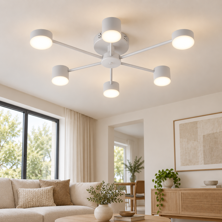 Lustra LED RFAN, Model R9029-6, cu Telecomanda, 3 Tipuri de Lumina, Intensitate Reglabila, 72W, Alb
