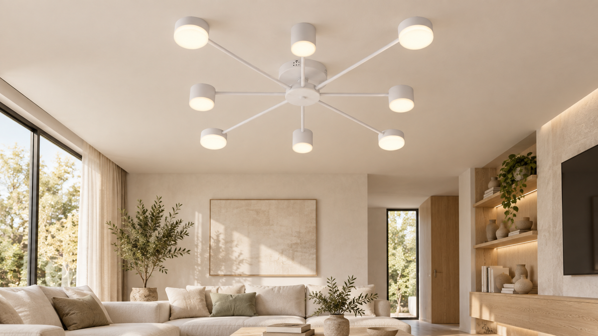 Lustra LED RFAN, Model R9029-8, cu Telecomanda, 3 Tipuri de Lumina, Intensitate Reglabila, 96W, Alb