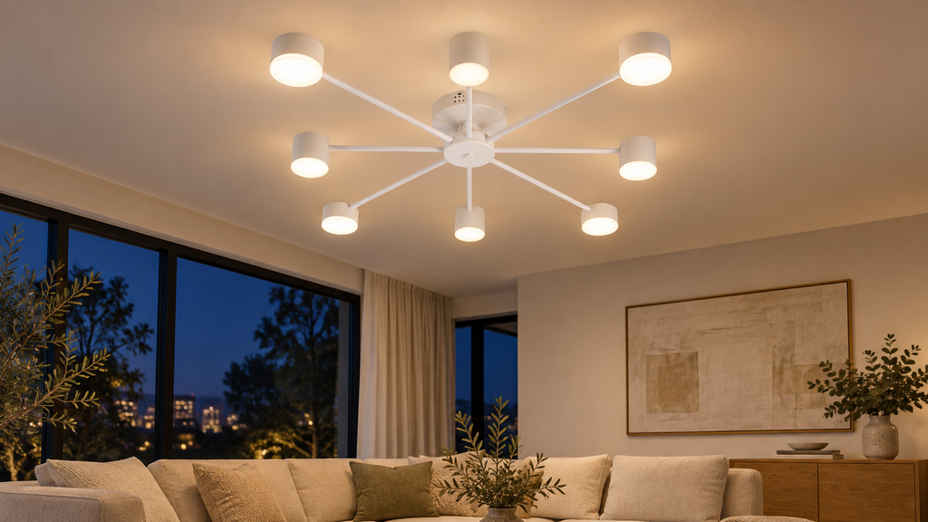Lustra LED RFAN, Model R9029-8, cu Telecomanda, 3 Tipuri de Lumina, Intensitate Reglabila, 96W, Alb