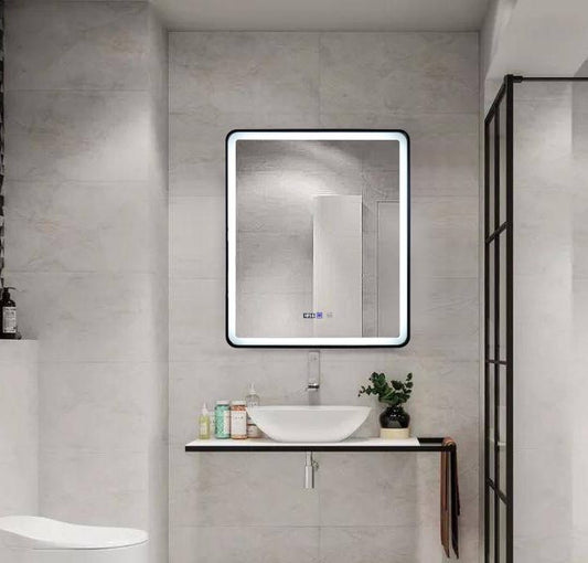 Oglinda LED Si Touch, 75 X 90 Cm, Cu Functie Dezaburire Si Ceas, Rama Negru Mat, J37, Smack
