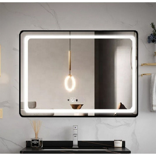 Oglinda LED Si Touch, 80 X 60 Cm, cu Ceas, Rama Negru Mat, J30, Smack