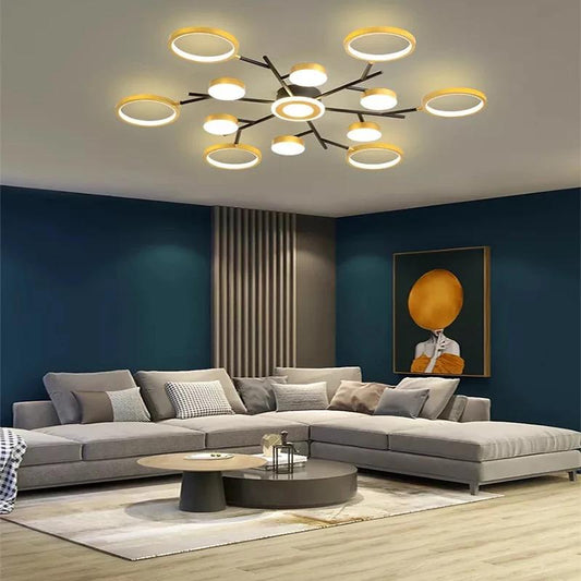 Lustra LED RFAN, Model R9030-13, cu Telecomanda, 3 Tipuri de Lumina, Intensitate Reglabila, 246W, Negru/Auriu